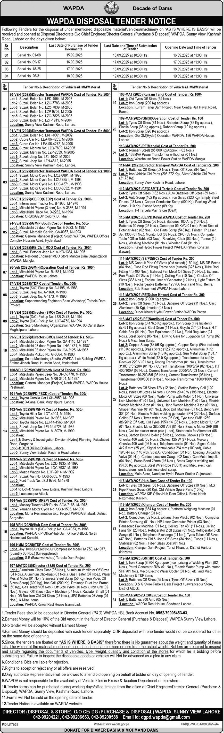 WAPDA Lahore Tender Notice